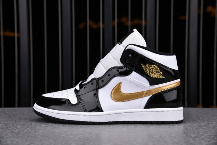 Air Jordan 1 Mid Patent Black White Gold 852542-007